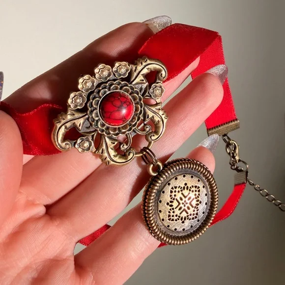 Red Velvet and Gold Choker Antique Inspired Choker Necklace